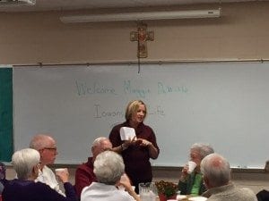 Executive Director Maggie Dewitte speaking at St. Francis of Assisi Parish to the Sensational Seniors about pro-life issues. 